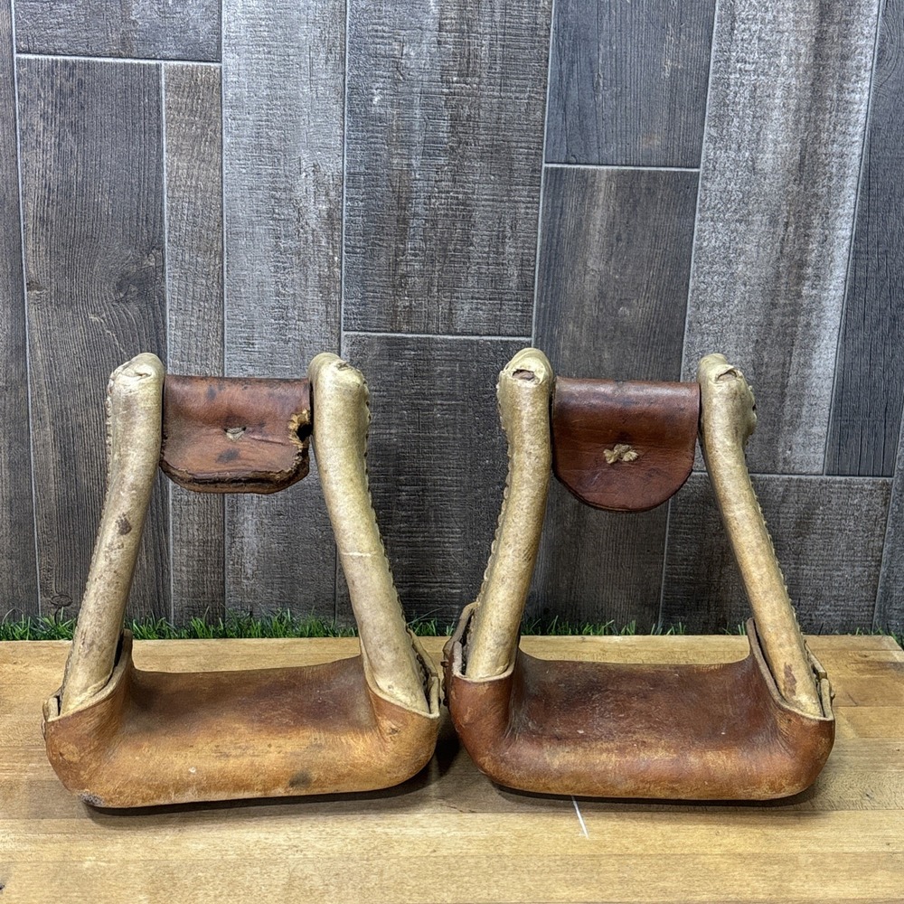 Vintage Western Equestrian Leather Stirrups Pair Rustic Cowboy Ranch Decor
